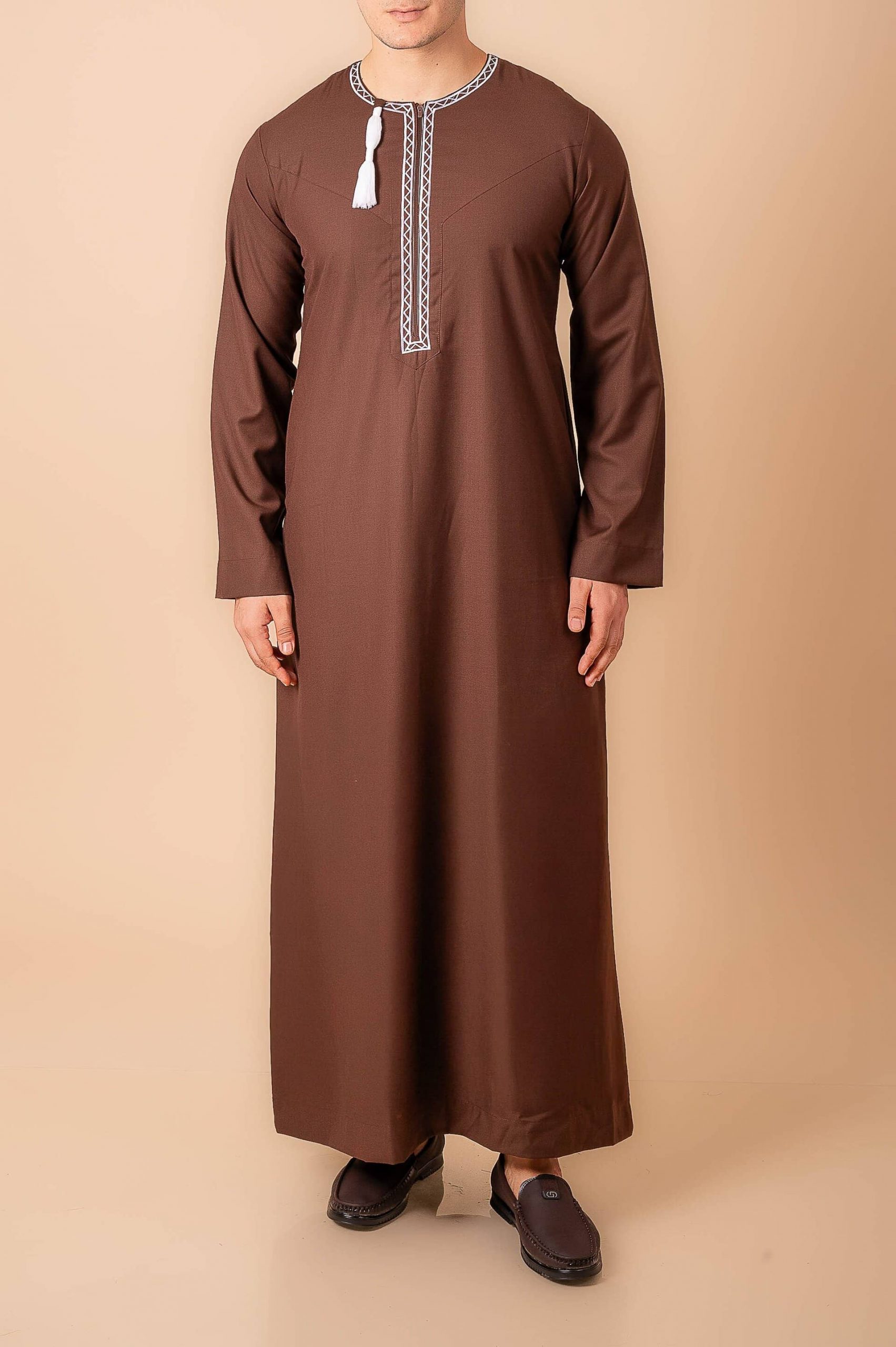 Coffee Brown Omani Thobe with White Geometric Embroidery & Tassel - Image 6 - Ruby Online