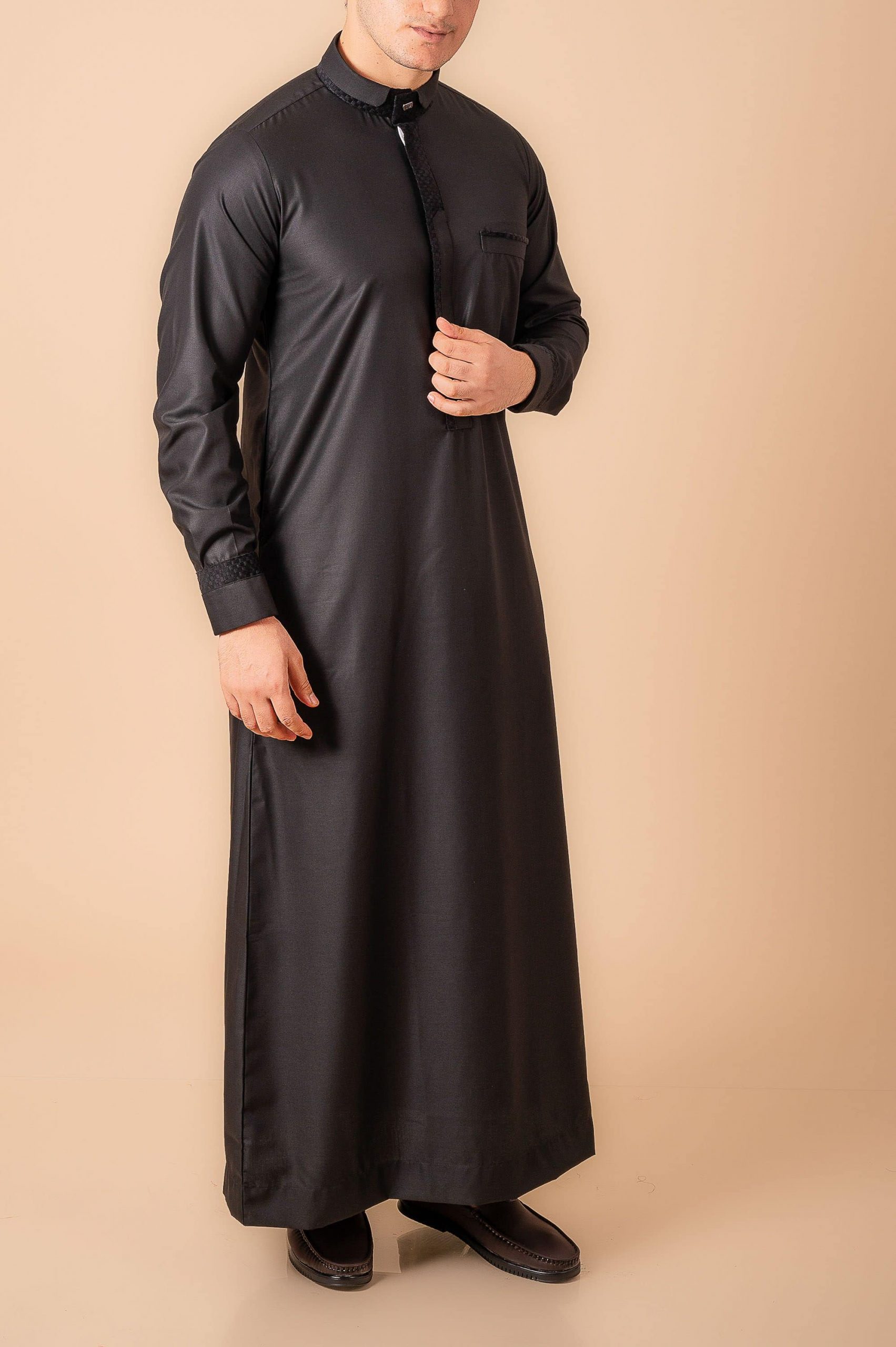 Premium Jet Black Designer Thobe for Men with Textured Trim Placket & Modern Band Collar - Image 8 - Ruby Online