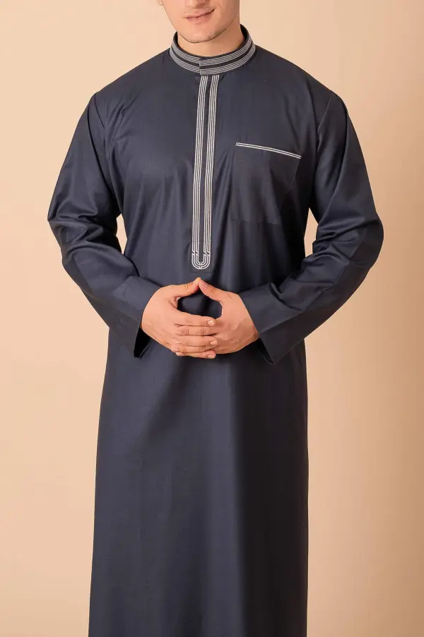 Premium Deep Charcoal Grey Emirati Designer Thobe with Striped Embroidered Placket - Image 2 - Ruby Online