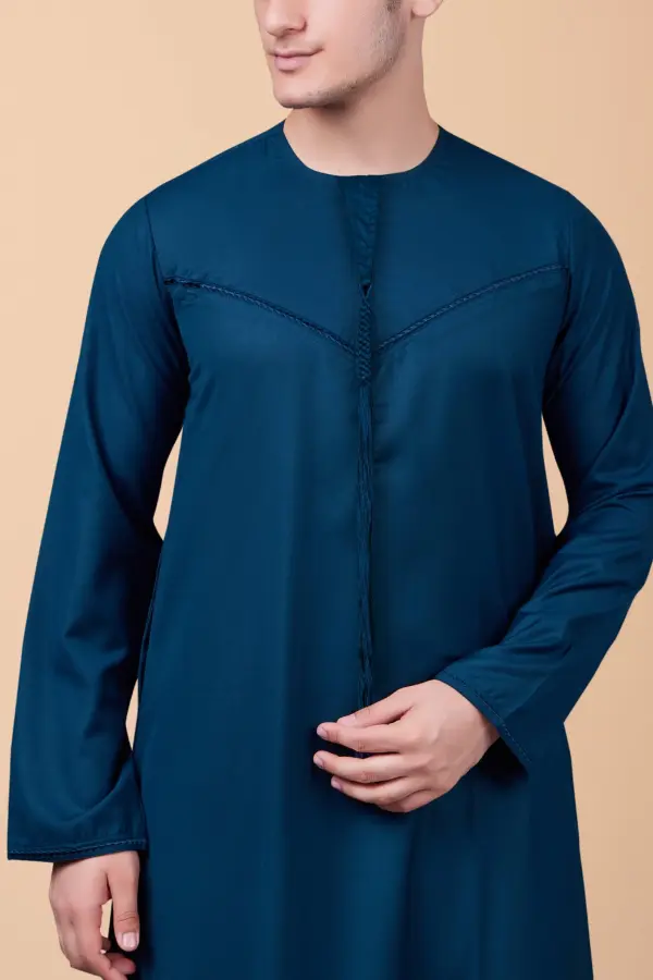 Men’s Teal Blue Emirati Tassel Thobe – Chevron Stitch Designer Kandura with Front Tassel - Image 4 - Ruby Online
