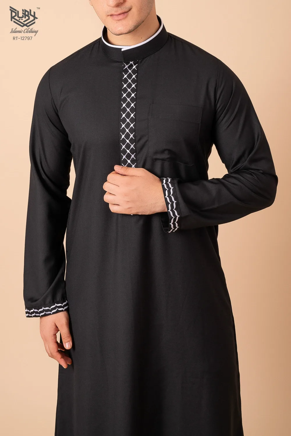 Jet Black Men’s Thobe with White Geometric Lattice Embroidered Placket & Cuff Borders - Image 5 - Ruby Online