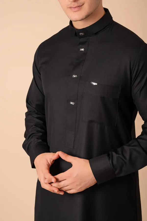 Luxury Deep Black Designer Thobe for Men with Gunmetal Button Placket & Modern Band Collar - Image 5 - Ruby Online