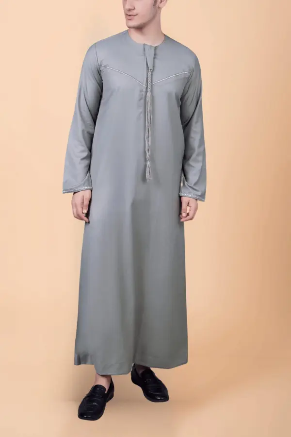 Premium Ash Grey Emirati Tassel Thobe with Signature Zigzag Embroidered Panel - Image 2 - Ruby Online
