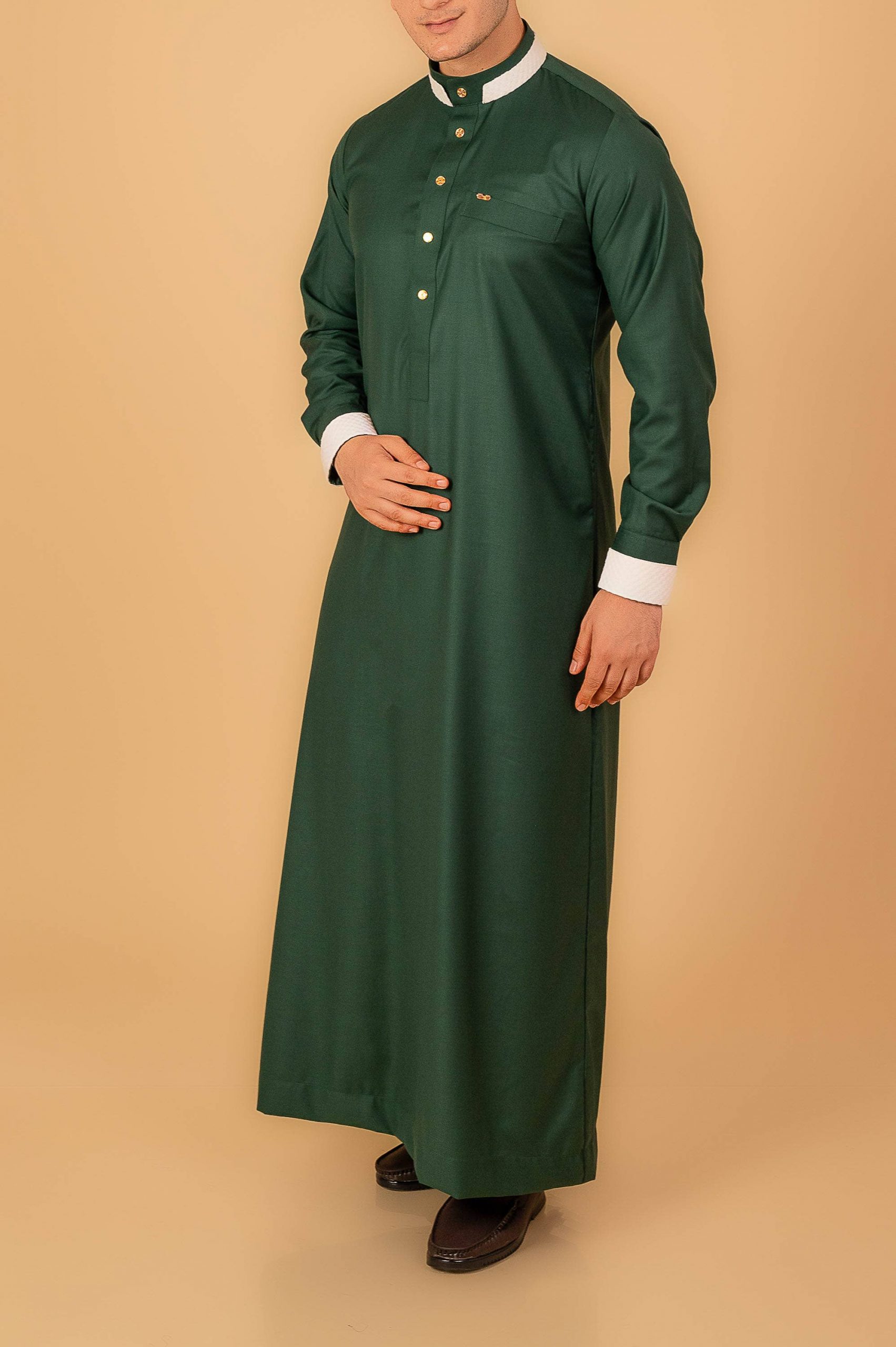 Premium Emerald Green Designer Thobe for Men with White Contrast Collar & Gold Button Detailing - Image 7 - Ruby Online