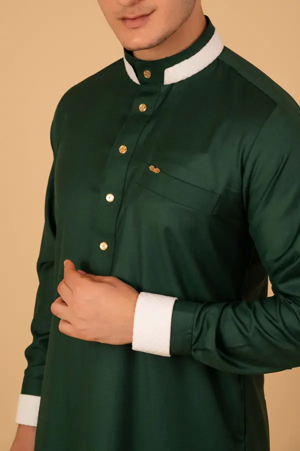 Premium Emerald Green Designer Thobe for Men with White Contrast Collar & Gold Button Detailing - Image 4 - Ruby Online