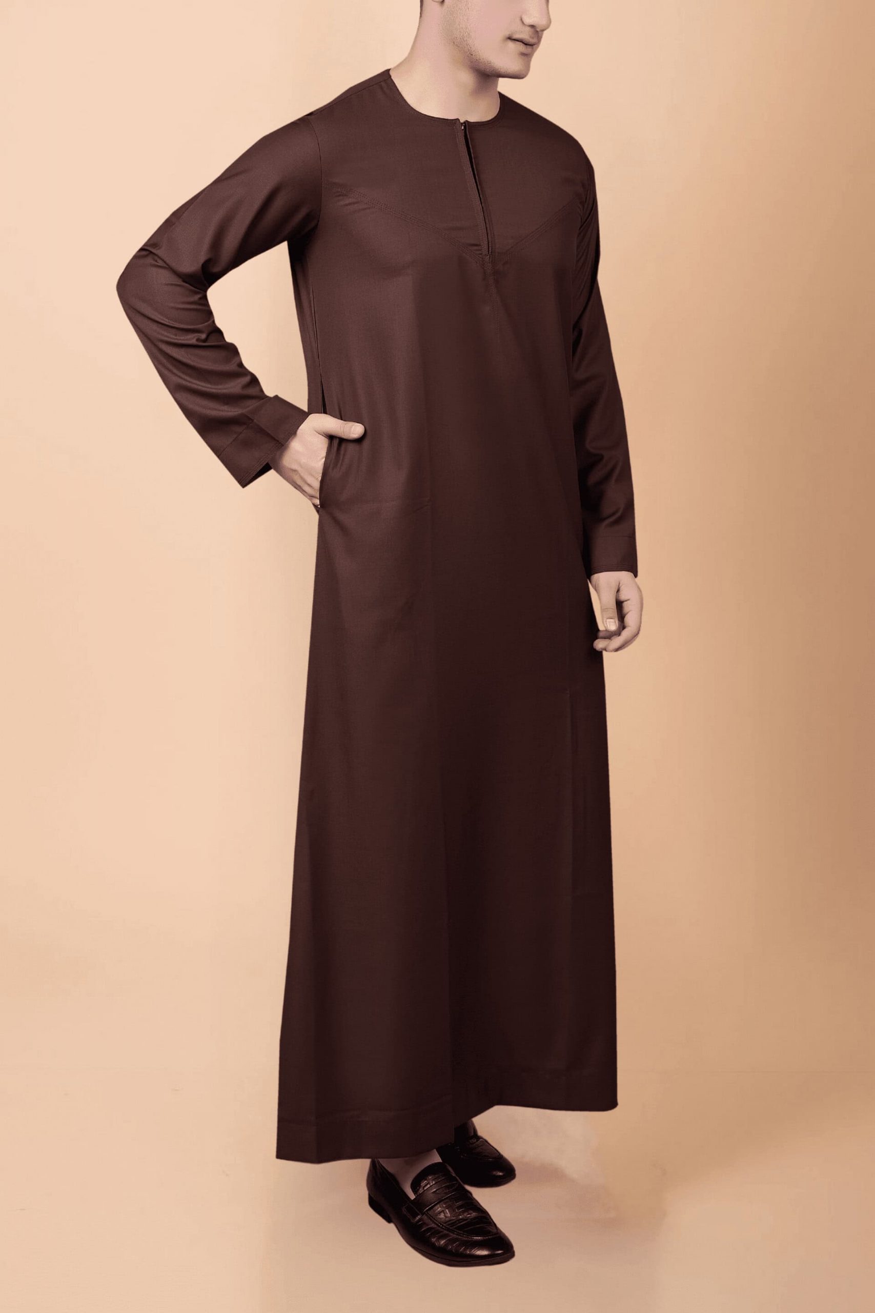Modern Deep Brown Zip-Neck Thobe for Men – Minimal Classic Design - Image 6 - Ruby Online