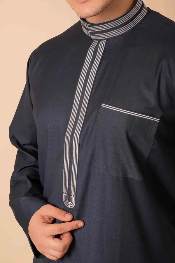 Premium Deep Charcoal Grey Emirati Designer Thobe with Striped Embroidered Placket - Image 5 - Ruby Online