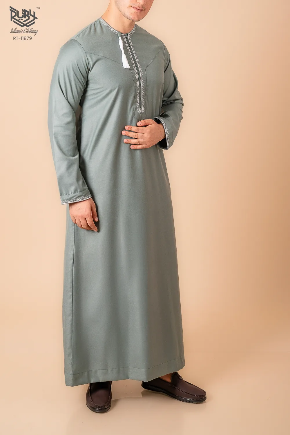 Sage Green Omani Thobe with Beige Geometric Embroidery & Tassel - Image 3 - Ruby Online