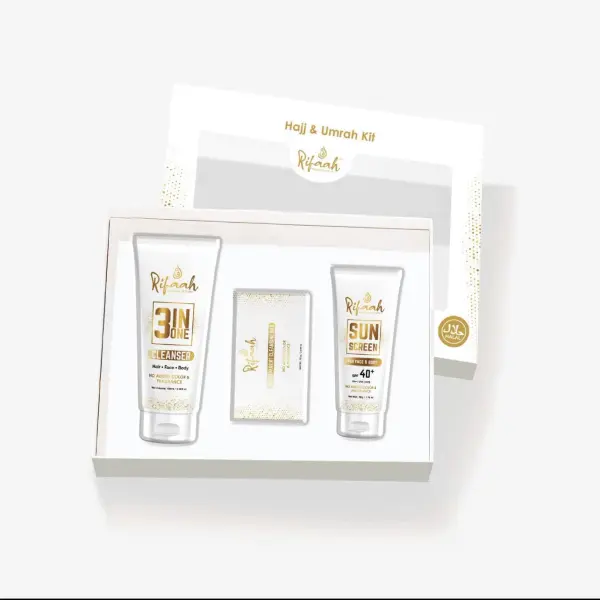Rifaah Hajj & Umrah Travel Kit with 3-in-1 Cleanser, SPF 40+ Sunscreen & Transparent Cleansing Bar – White & Gold Halal Personal Care Set - Image 2 - Ruby Online