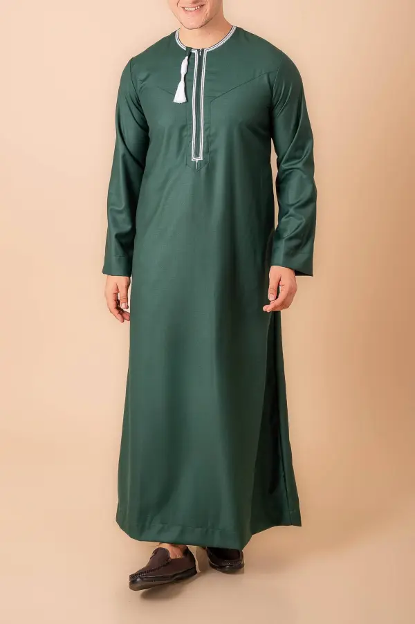 Dark Green Omani Thobe with White Geometric Embroidery & Tassel