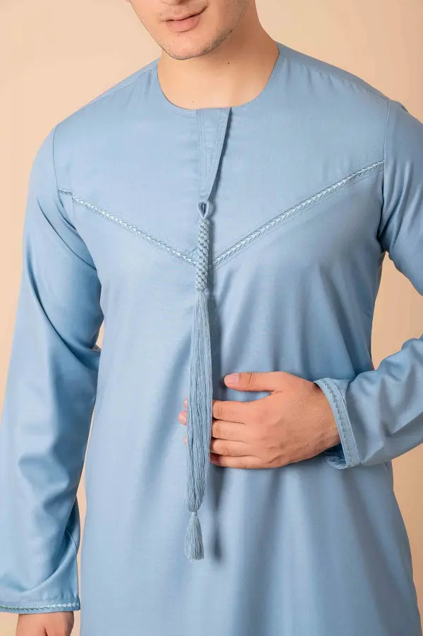 Premium Light Blue Emirati Tassel Thobe for Men – Elegant Braided Front Kandura Style - Image 4 - Ruby Online