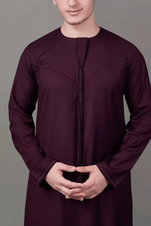 Premium Emirati Maroon Tassel Thobe with Signature Chest Embroidery - Image 5 - Ruby Online