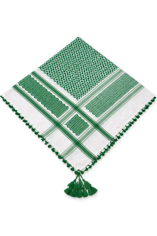 Premium Green & White Traditional Shemagh Scarf with Tassel Fringe - Image 3 - Ruby Online
