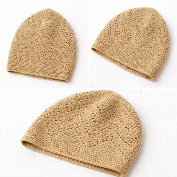 Turkey Sufi Knitted Prayer Cap for Men – Beige Islamic Kufi with Geometric Openwork Design - Image 2 - Ruby Online