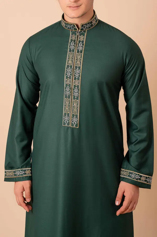 Emerald Green Men’s Thobe with Gold Floral Embroidery Placket & Cuff Borders - Image 4 - Ruby Online