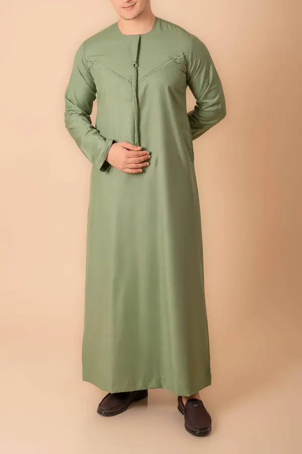 Premium Sage Green Emirati Tassel Thobe for Men – Light Grey Braided Front Kandura Design - Image 6 - Ruby Online
