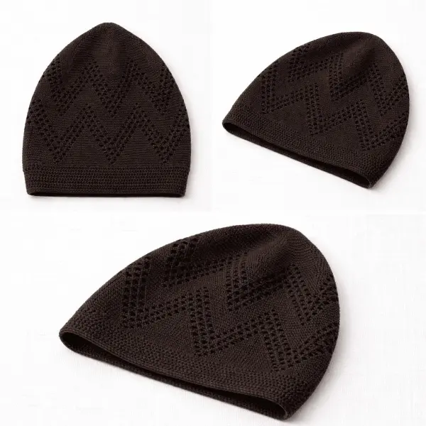 Turkey Sufi Knitted Prayer Cap for Men – Dark Brown Islamic Kufi with Geometric Open-Work Design - Image 2 - Ruby Online