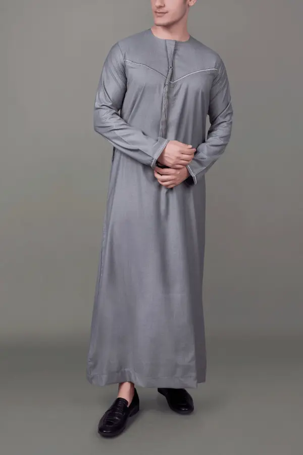 Premium Steel Grey Emirati Tassel Thobe with Silver Embroidered Detailing - Image 2 - Ruby Online