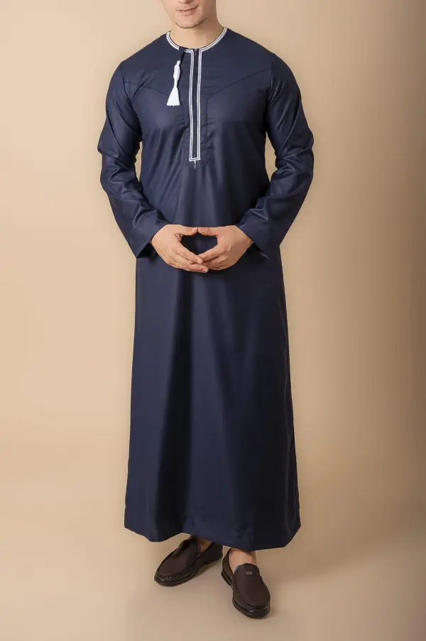 Navy Blue Omani Thobe with White Embroidered Placket & Tassel - Image 3 - Ruby Online