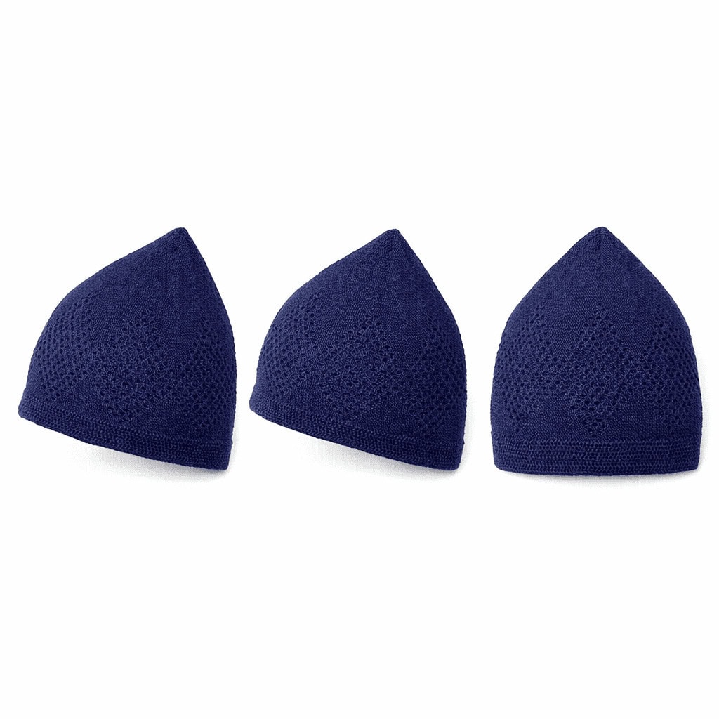Premium Navy Blue Knitted Islamic Kufi Prayer Cap – Breathable Diamond Pattern Skull Cap for Men - Image 4 - Ruby Online