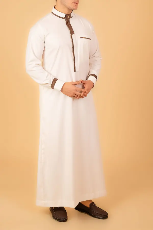 Men’s White Designer Thobe with Brown Contrast Piping – Premium Saudi Collar Kandura - Image 3 - Ruby Online