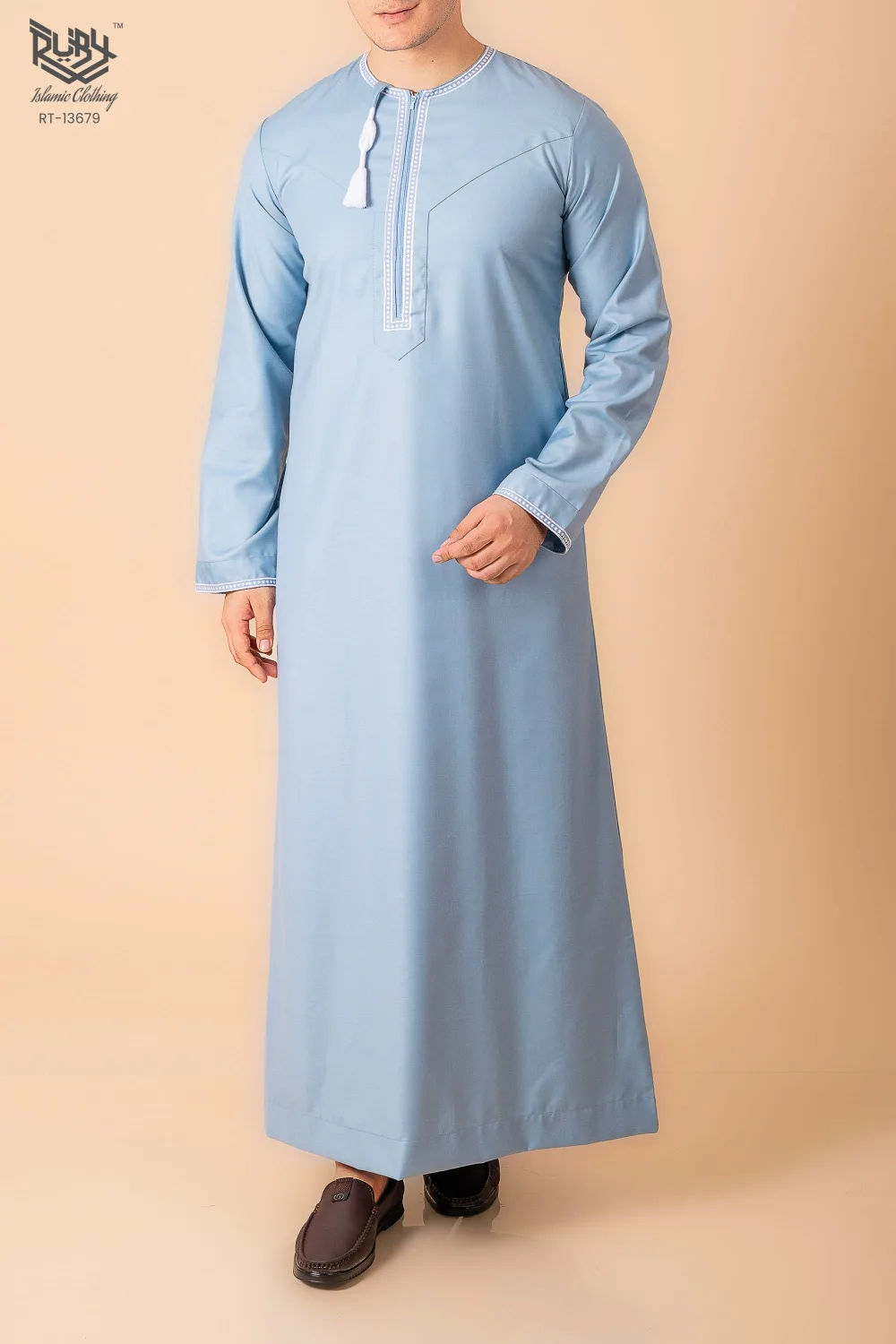 Light Sky Blue Omani Thobe with White Loop Embroidery & Tassel