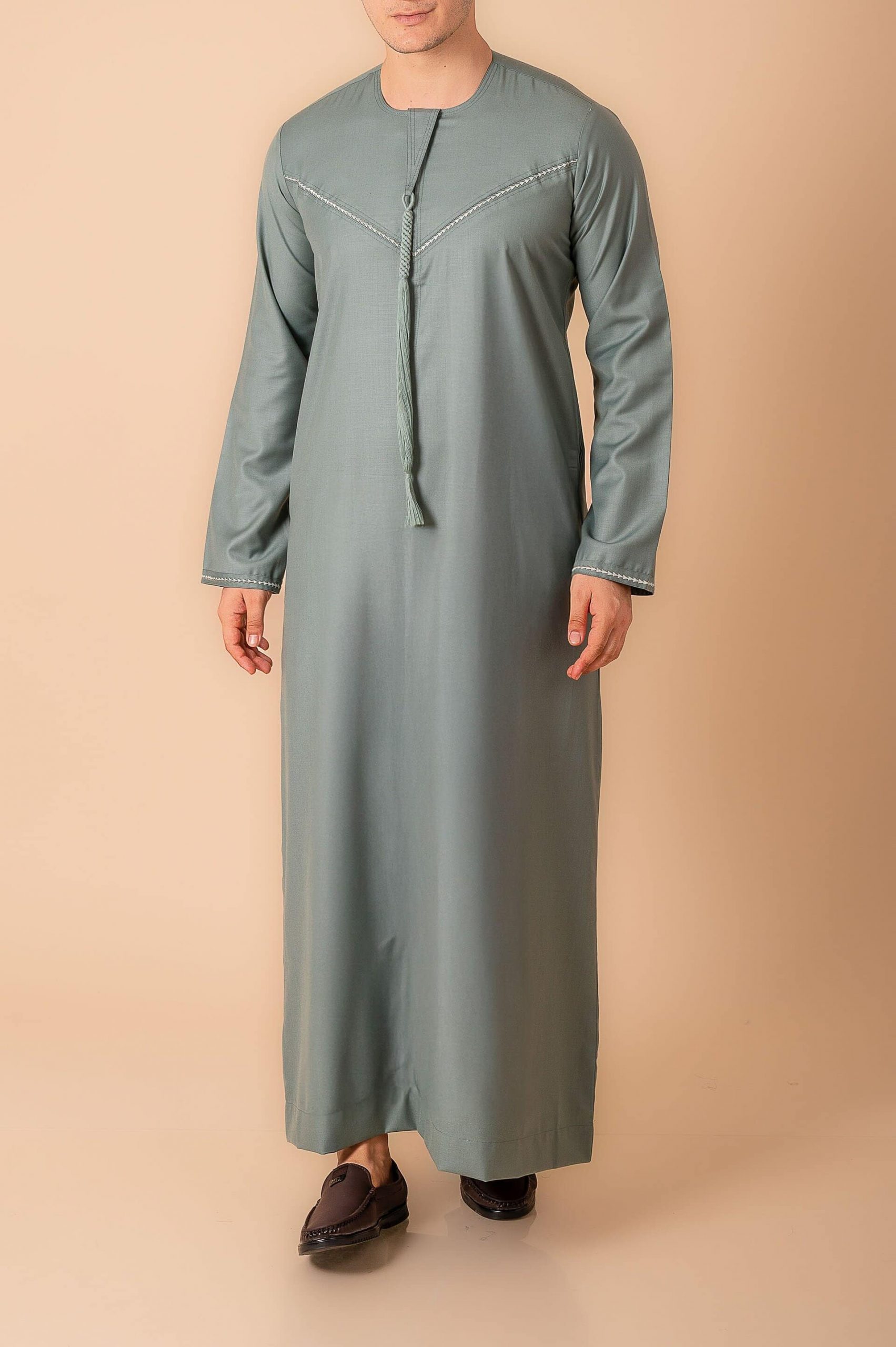 Premium Sage Green Emirati Tassel Thobe for Men with Silver Braided V-Panel – Modern Kandura Style - Image 7 - Ruby Online