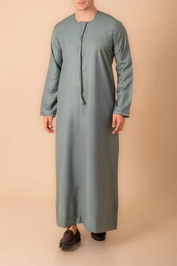 Premium Sage Green Emirati Tassel Thobe for Men with Silver Braided V-Panel – Modern Kandura Style - Image 2 - Ruby Online