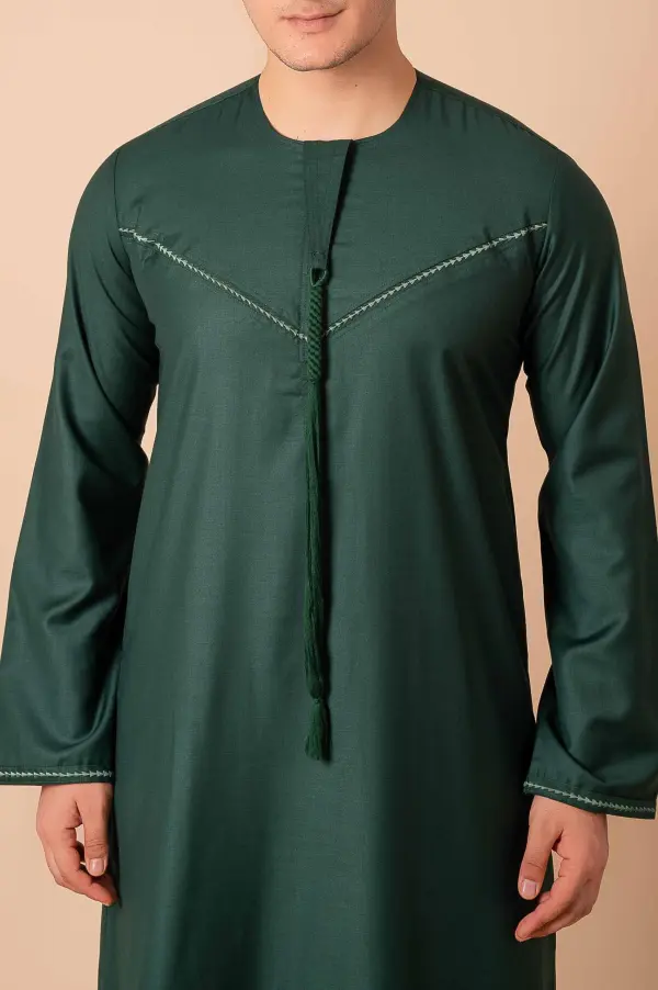 Premium Deep Emerald Green Emirati Tassel Thobe for Men – Light Sage Braided Front Kandura - Image 5 - Ruby Online
