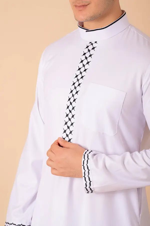 Men’s Classic White Thobe with Black Lattice Embroidery Strip & Contrast Cuff Trim - Image 6 - Ruby Online