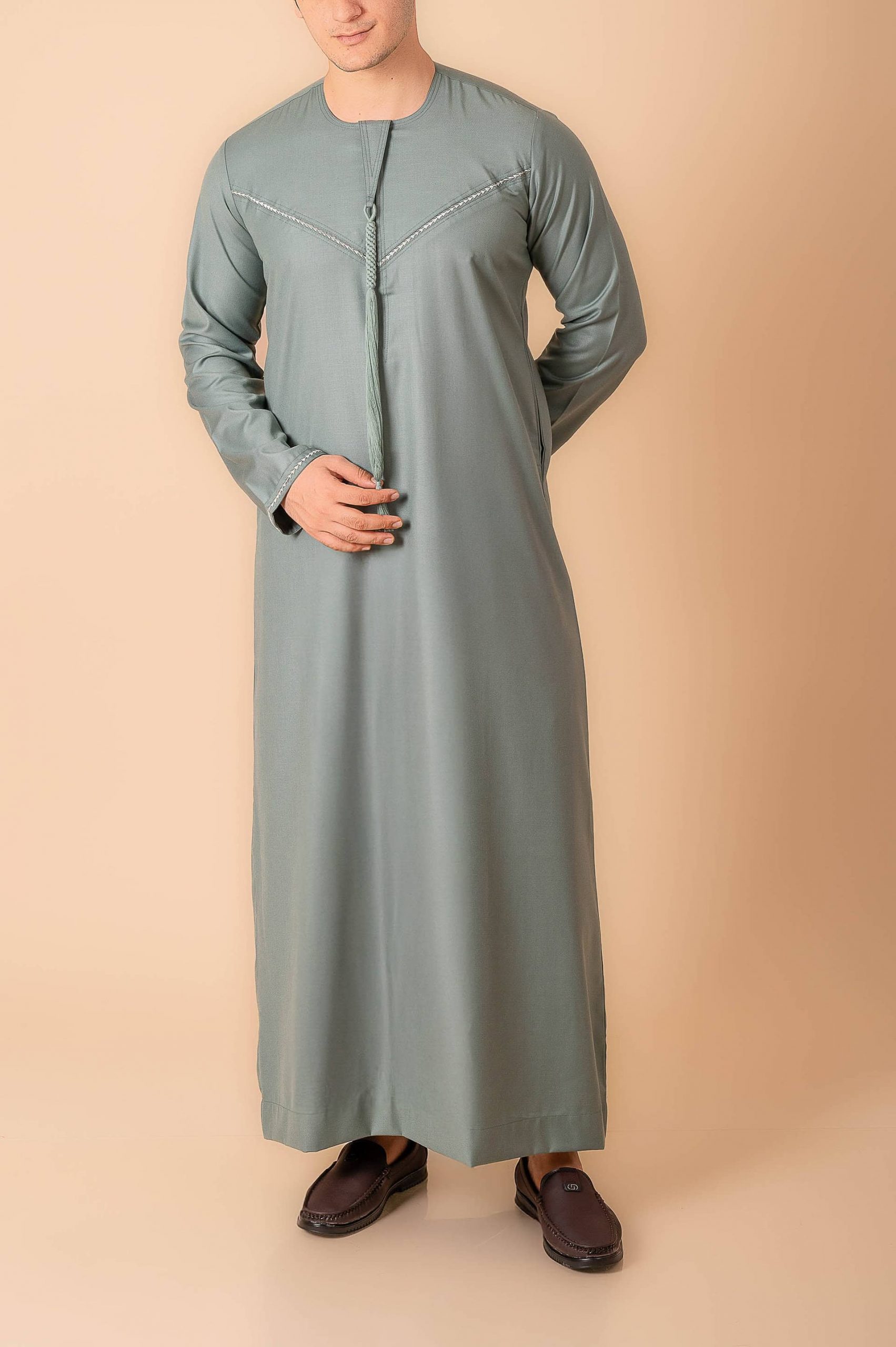 Premium Sage Green Emirati Tassel Thobe for Men with Silver Braided V-Panel – Modern Kandura Style - Image 3 - Ruby Online