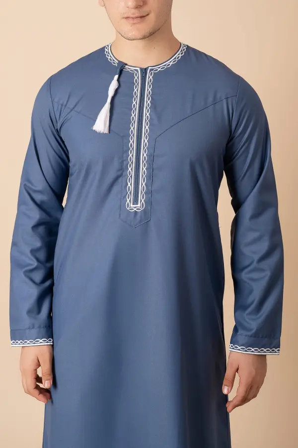 Steel Blue Omani Thobe with White Loop Embroidery & Tassel - Image 5 - Ruby Online
