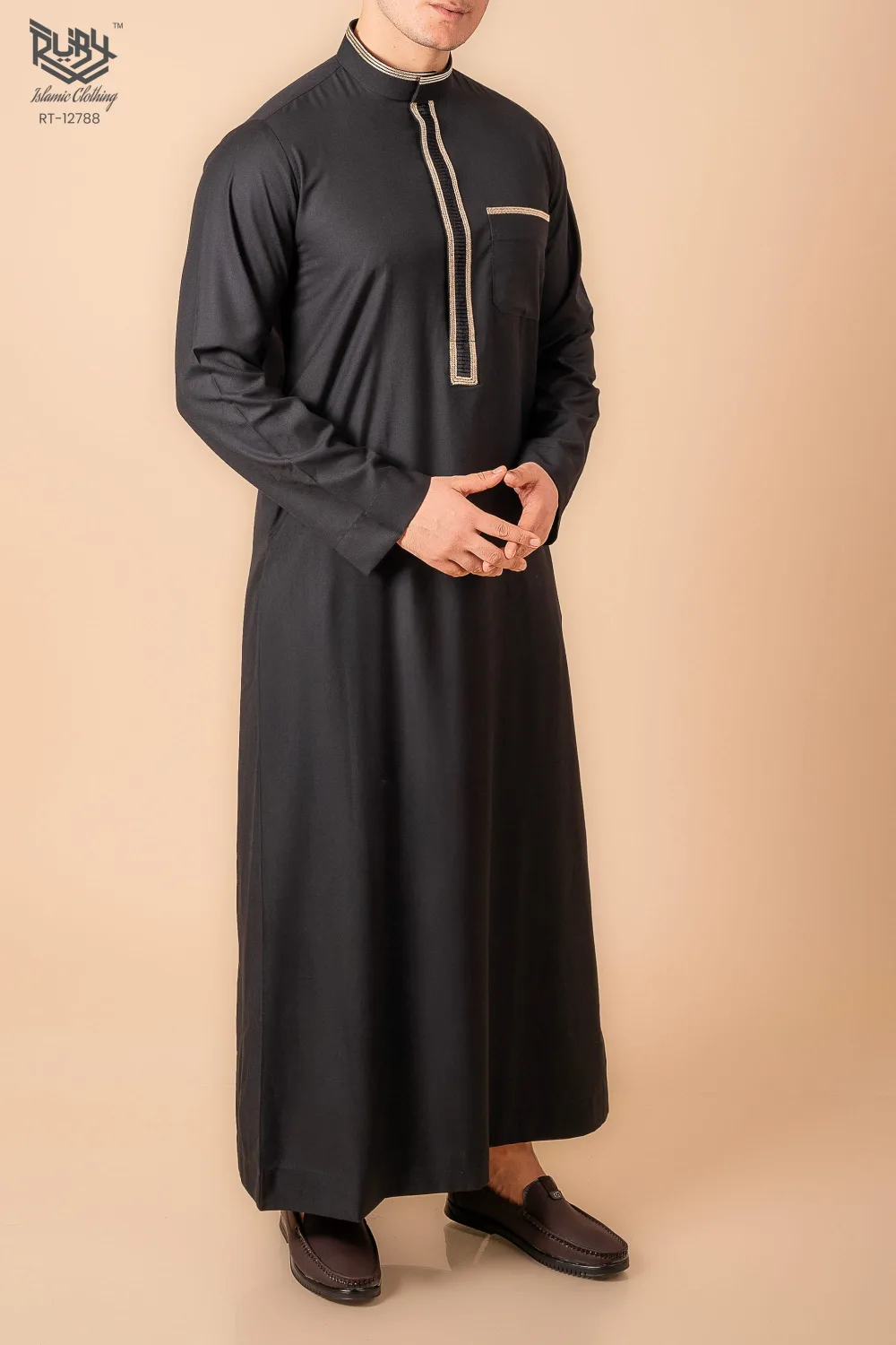 Jet Black Men’s Thobe with Gold Contrast Placket & Pocket Trim - Image 3 - Ruby Online