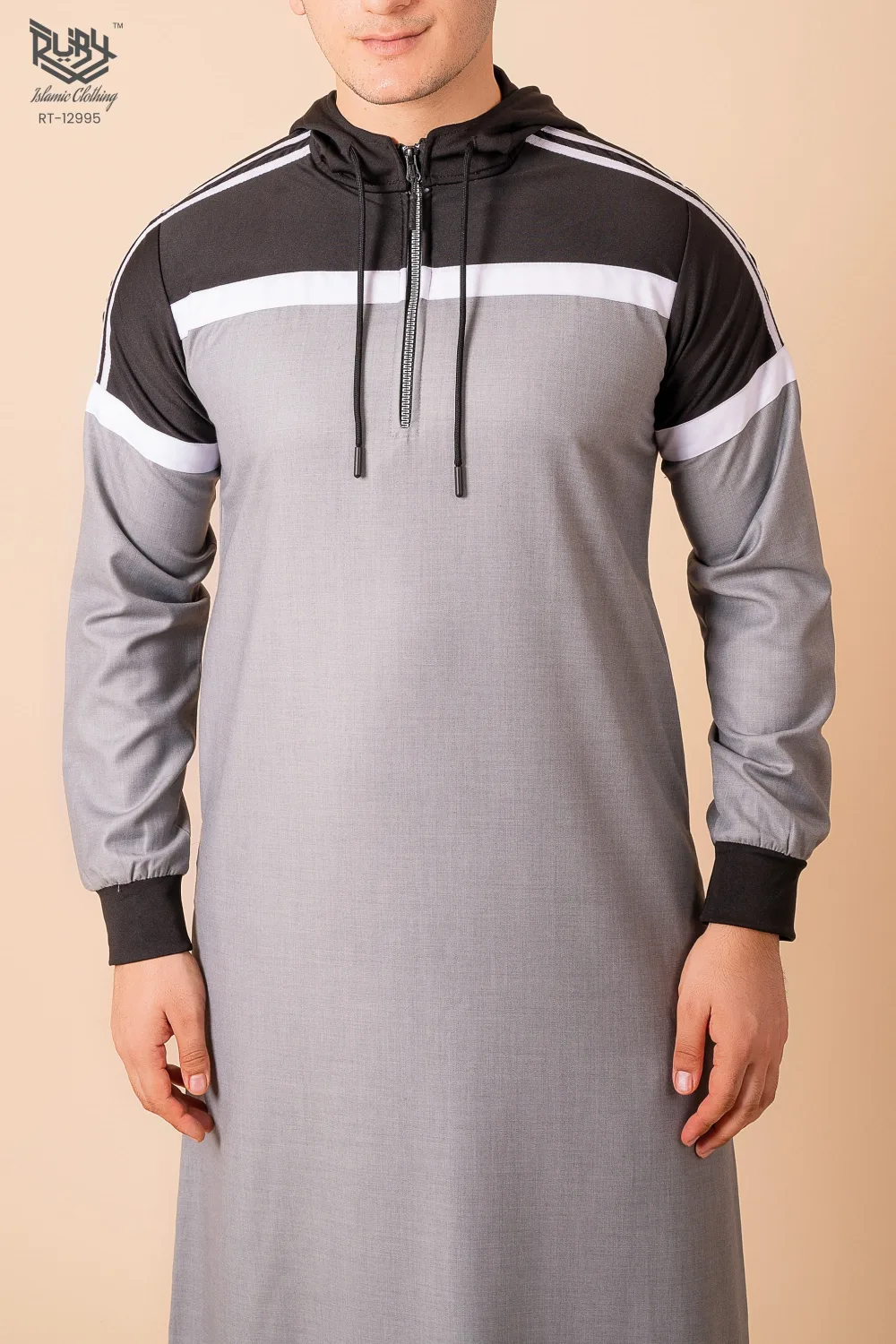 Men’s Light Grey Hooded Thobe with Black Panel & White Stripe Design - Image 3 - Ruby Online