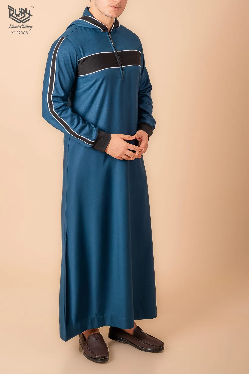 Men’s Teal Blue Hooded Thobe with Black Panel & White Stripe Accents - Image 2 - Ruby Online