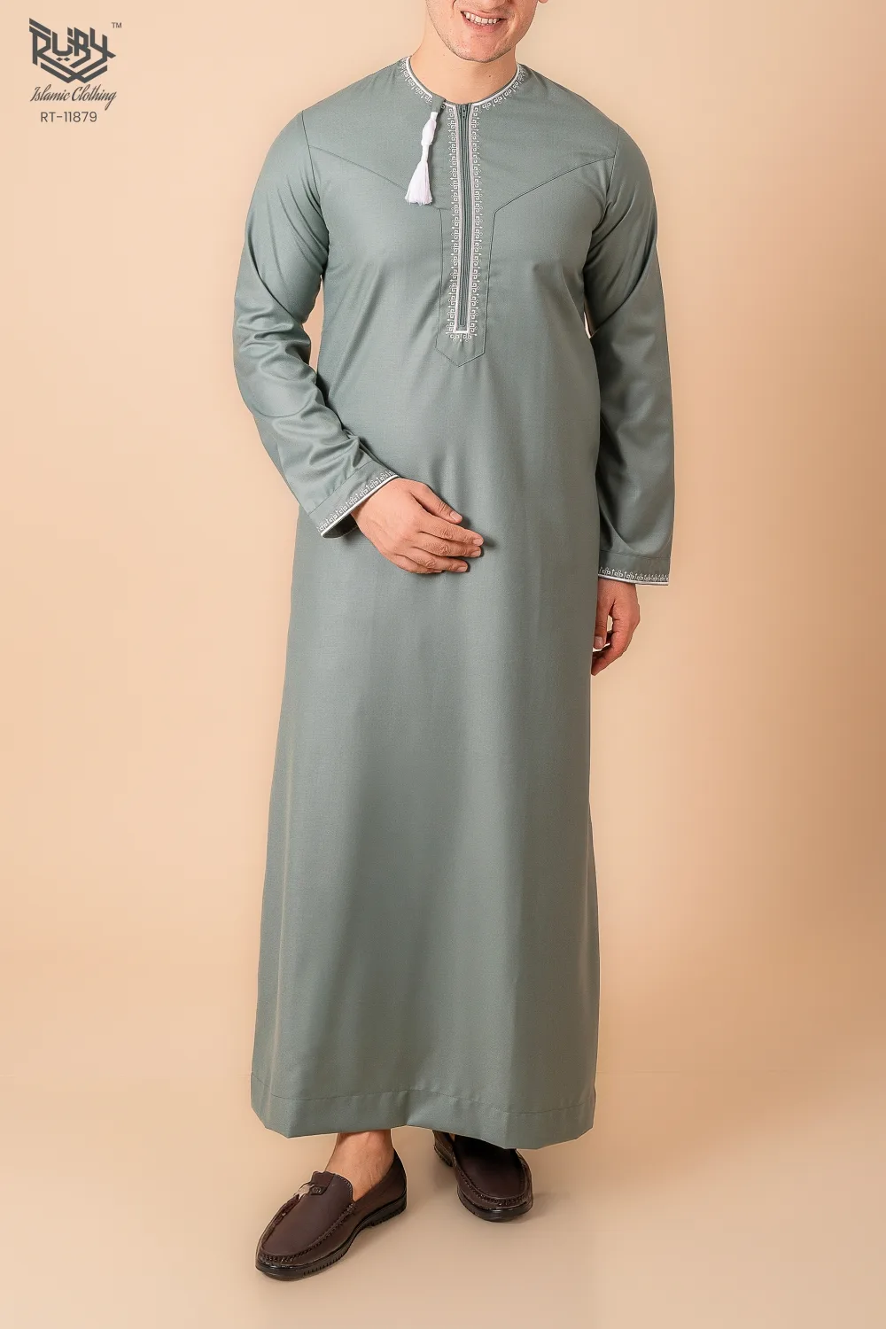 Sage Green Omani Thobe with Beige Geometric Embroidery & Tassel - Image 2 - Ruby Online