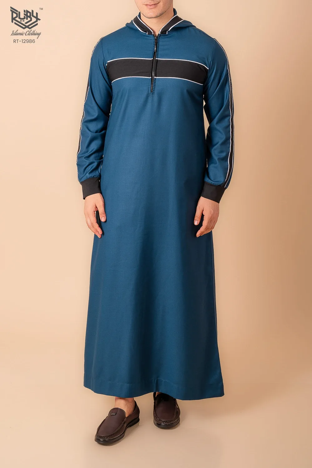 Men’s Teal Blue Hooded Thobe with Black Panel & White Stripe Accents
