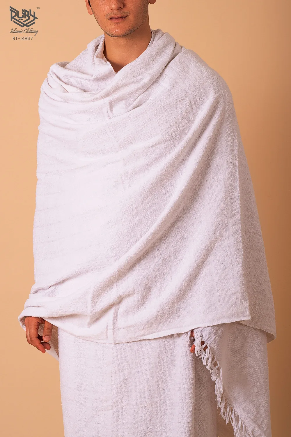 Men’s White Ihram Towel Set for Hajj & Umrah – Plain Woven Ihram Cloth with Fringed Edge -2 Pcs (46” X 92”)