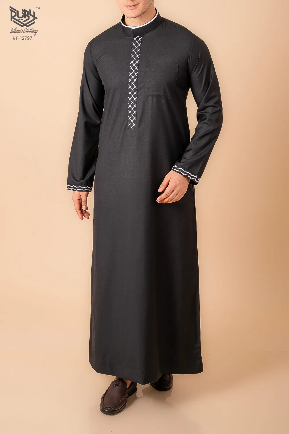 Jet Black Men’s Thobe with White Geometric Lattice Embroidered Placket & Cuff Borders