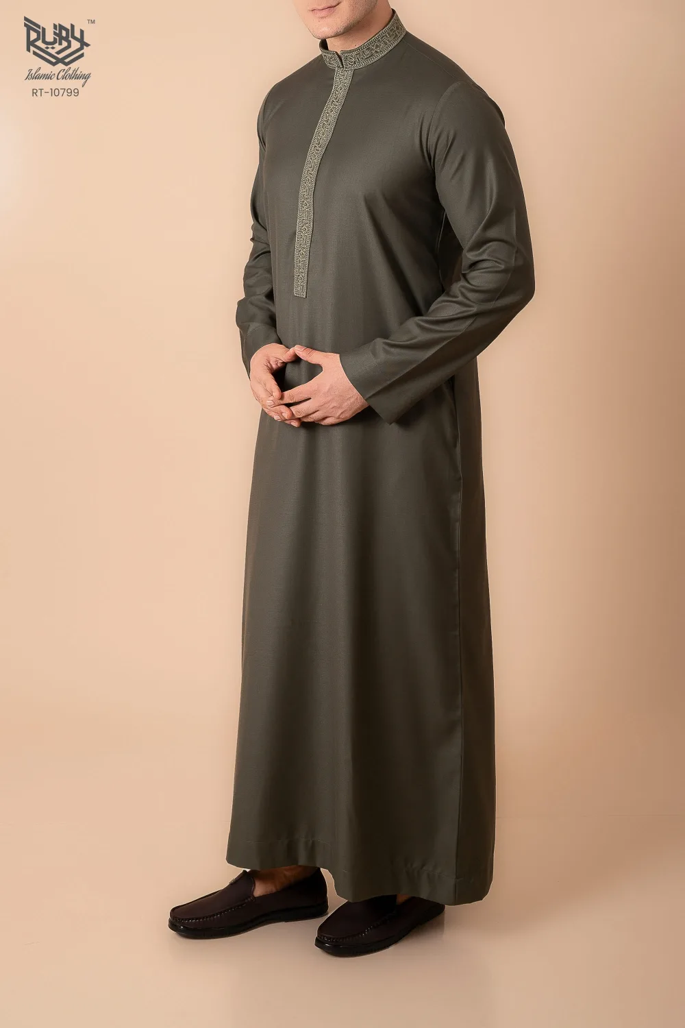 Premium Deep Olive Emirati Thobe with Gold Geometric Embroidered Collar & Placket - Image 2 - Ruby Online