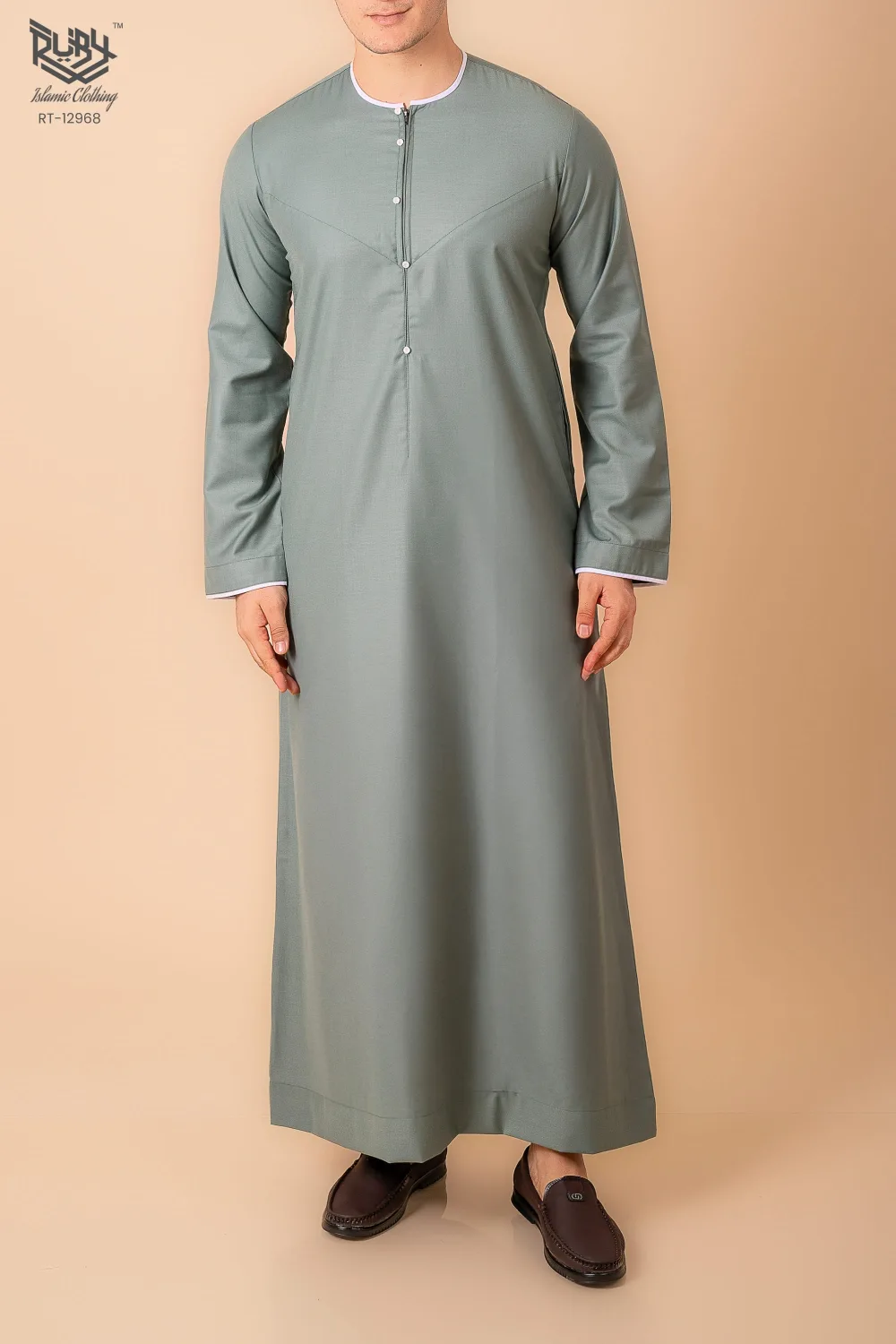 Premium Sage Green Emirati Thobe for Men with White Contrast Piping & Modern Panel Cut
