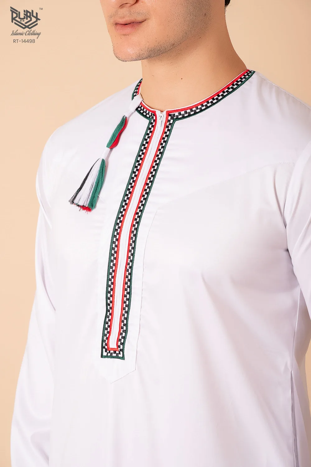 White Omani Thobe with Tricolor Embroidered Placket & Tassel - Image 4 - Ruby Online