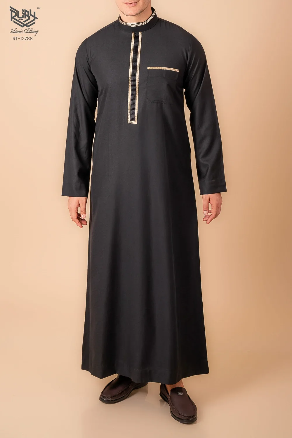 Jet Black Men’s Thobe with Gold Contrast Placket & Pocket Trim - Image 2 - Ruby Online