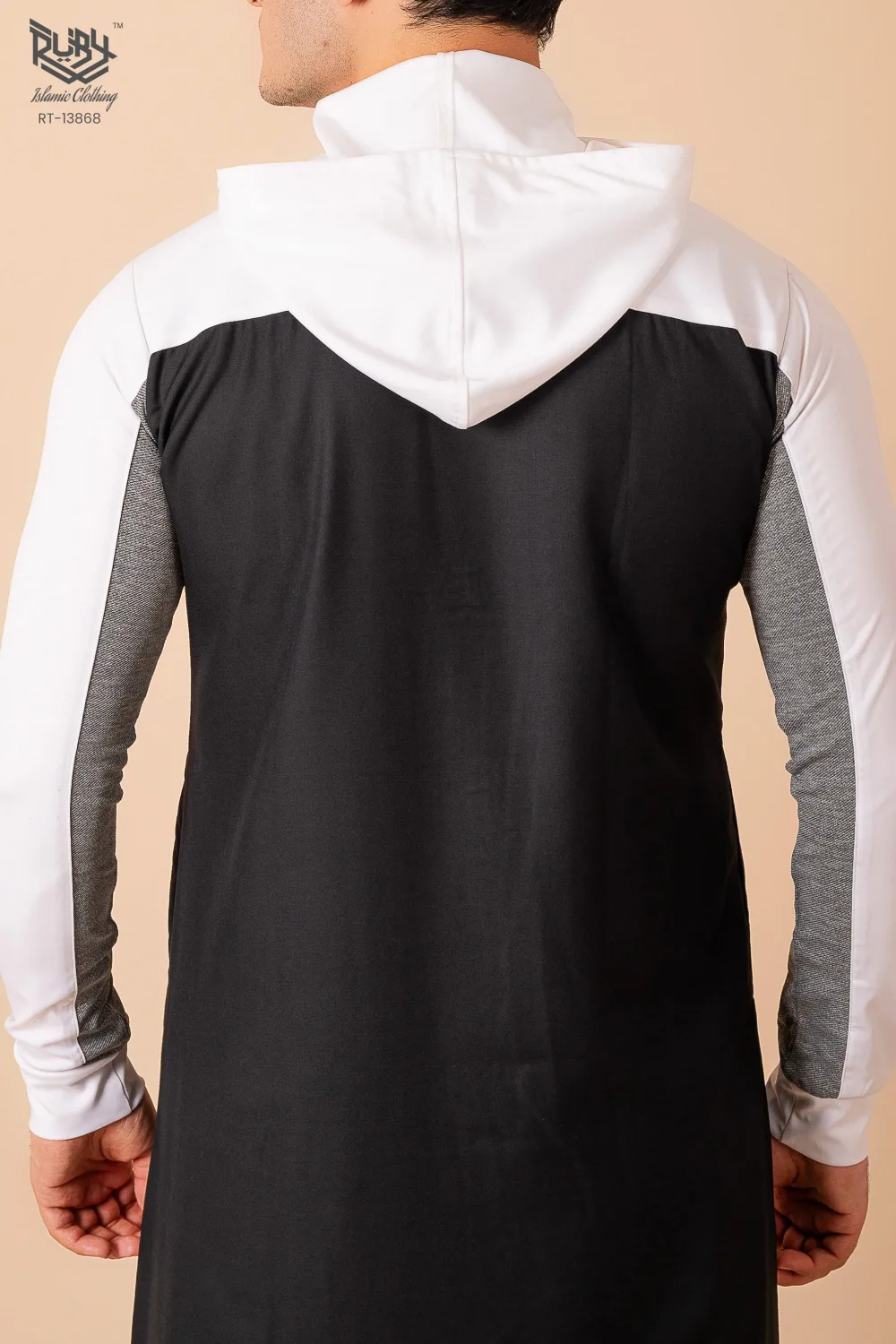 Men’s Black Hooded Thobe with White Sleeves & Red Stripe Panel - Image 4 - Ruby Online