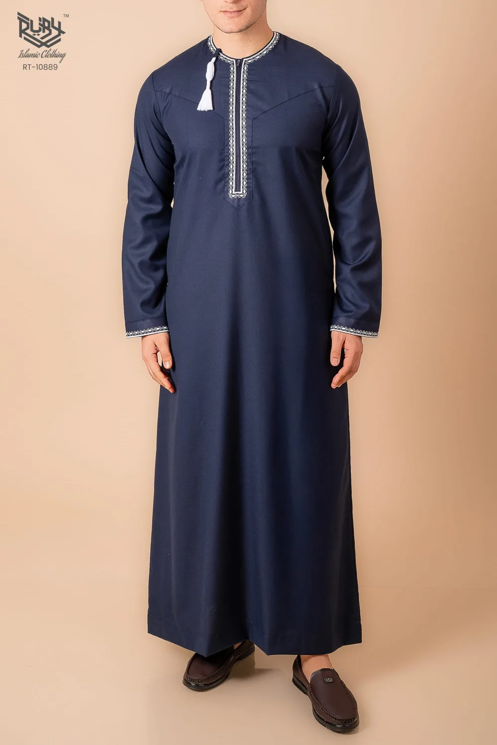 Navy Blue Omani Thobe with silver grey Geometric Embroidery & Tassel - Image 2 - Ruby Online