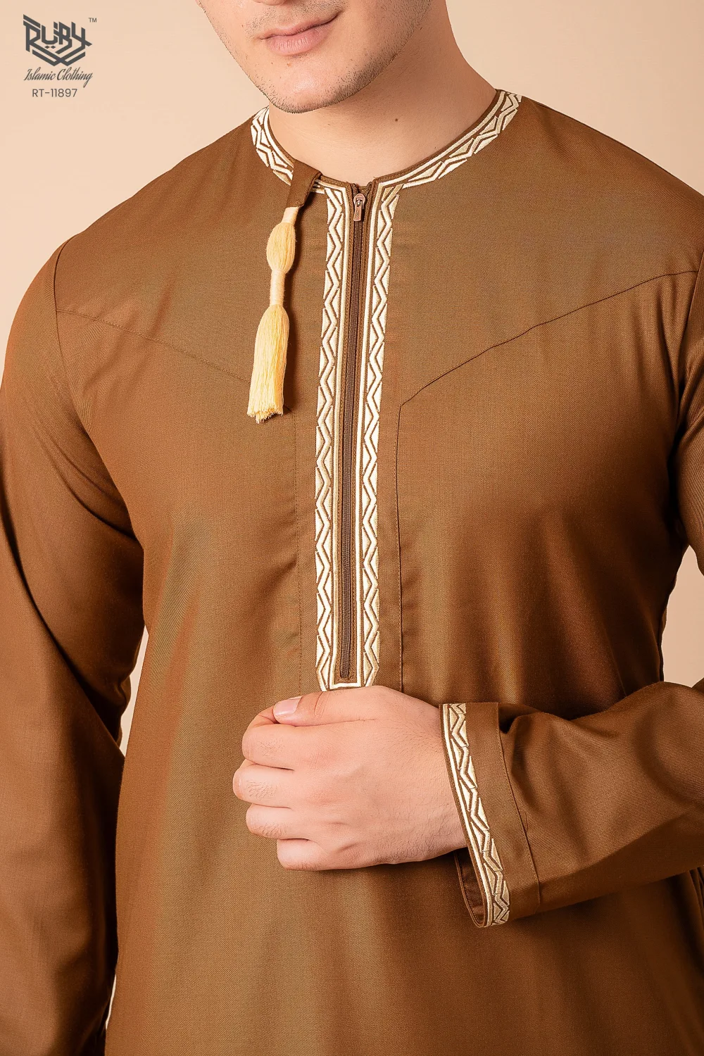 Coffee Brown Omani Thobe with Beige Geometric Embroidery & Tassel - Image 5 - Ruby Online