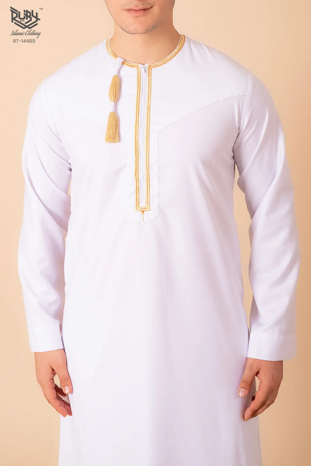 White Omani Thobe with Golden Embroidered Placket & Tassel - Image 3 - Ruby Online