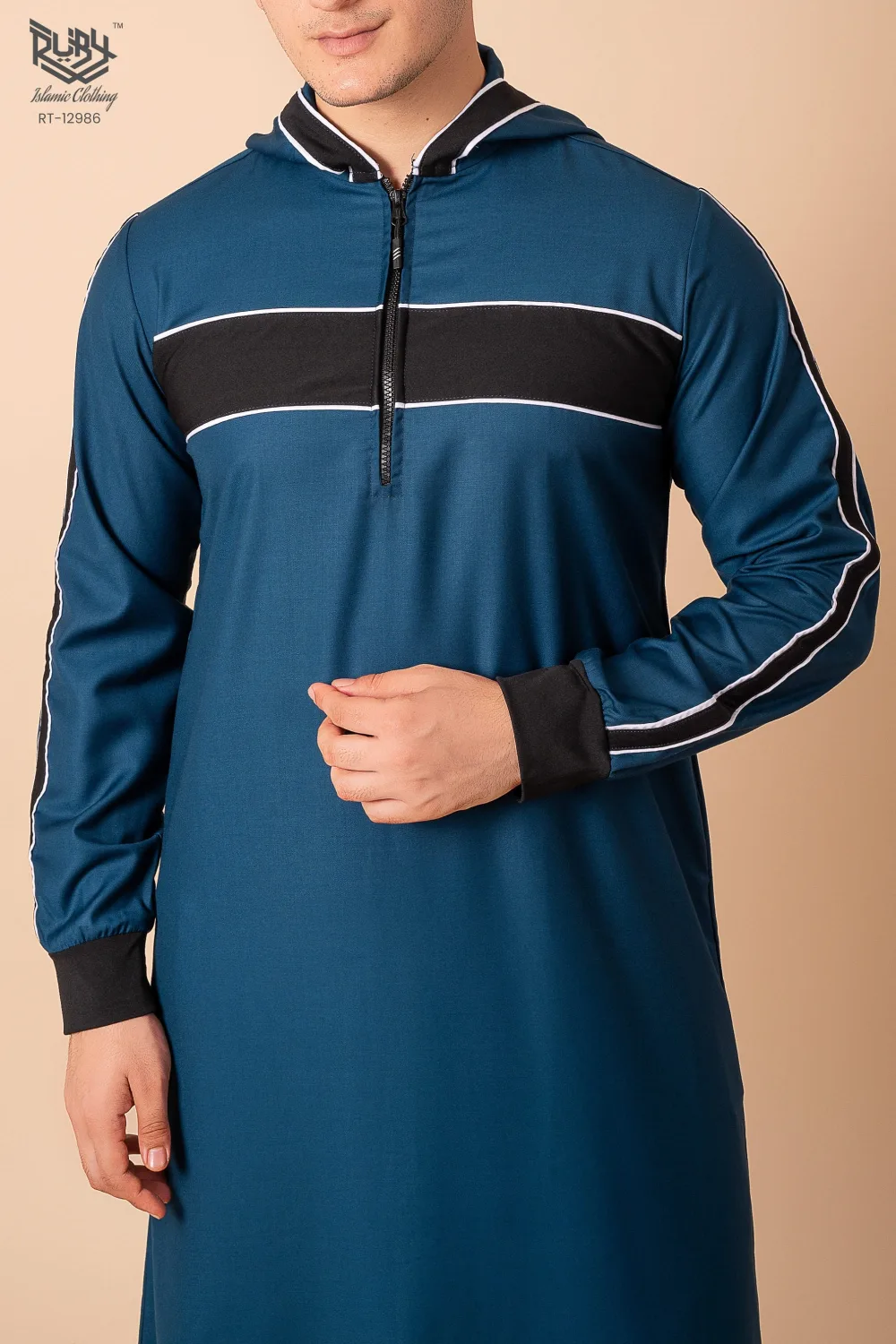 Men’s Teal Blue Hooded Thobe with Black Panel & White Stripe Accents - Image 3 - Ruby Online