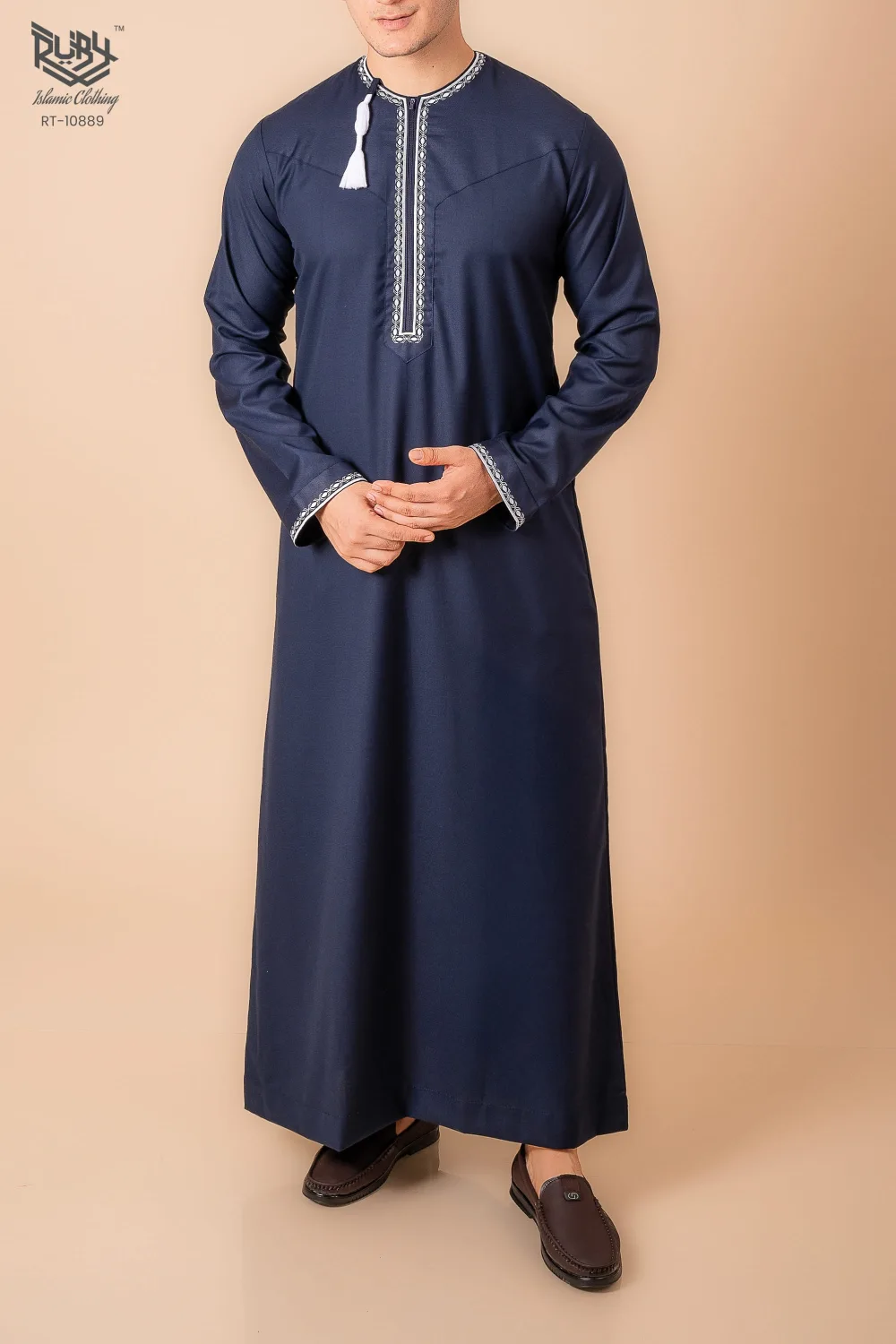 Navy Blue Omani Thobe with silver grey Geometric Embroidery & Tassel