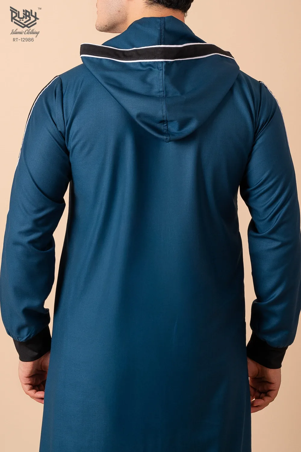 Men’s Teal Blue Hooded Thobe with Black Panel & White Stripe Accents - Image 5 - Ruby Online